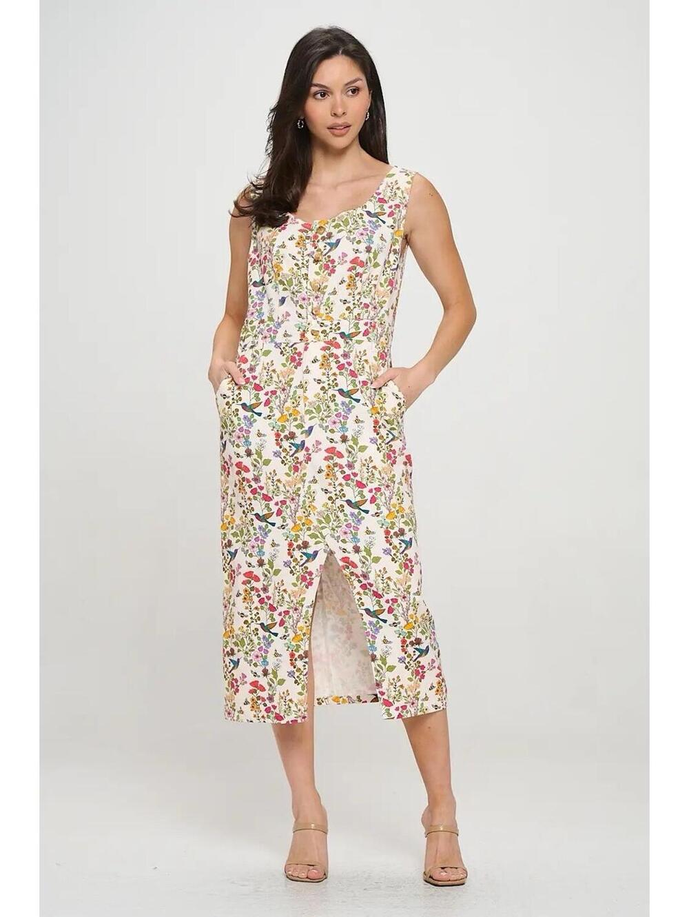 SM Wardrobe Hummingbird 100% Cotton Spring Floral Button Midi Dress NWT Sz Large